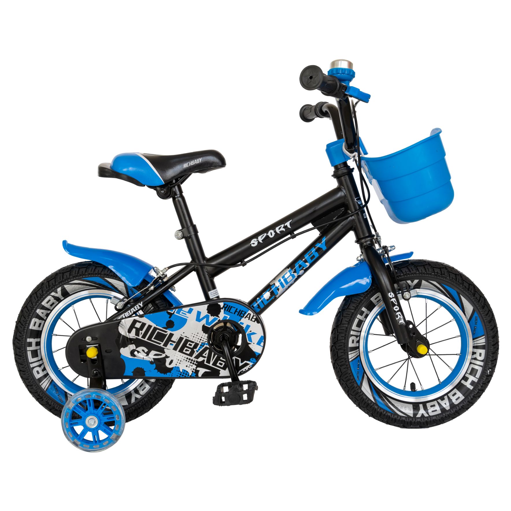 RICH BABY Bicicleta copii 2-4 ani, roti 12 inch, c-brake, roti ajutatoare cu led, rich baby r1203a, cadru negru cu design