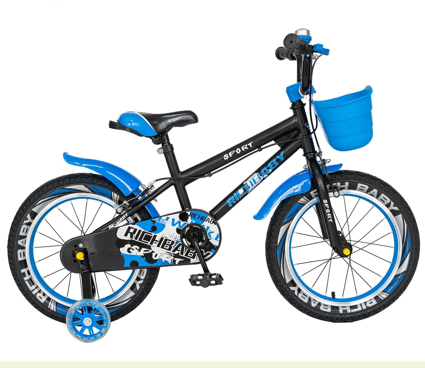 RICH BABY Bicicleta copii 4-6 ani, roti 16 inch, c-brake, roti ajutatoare cu led, rich baby r1603a, cadru negru cu design