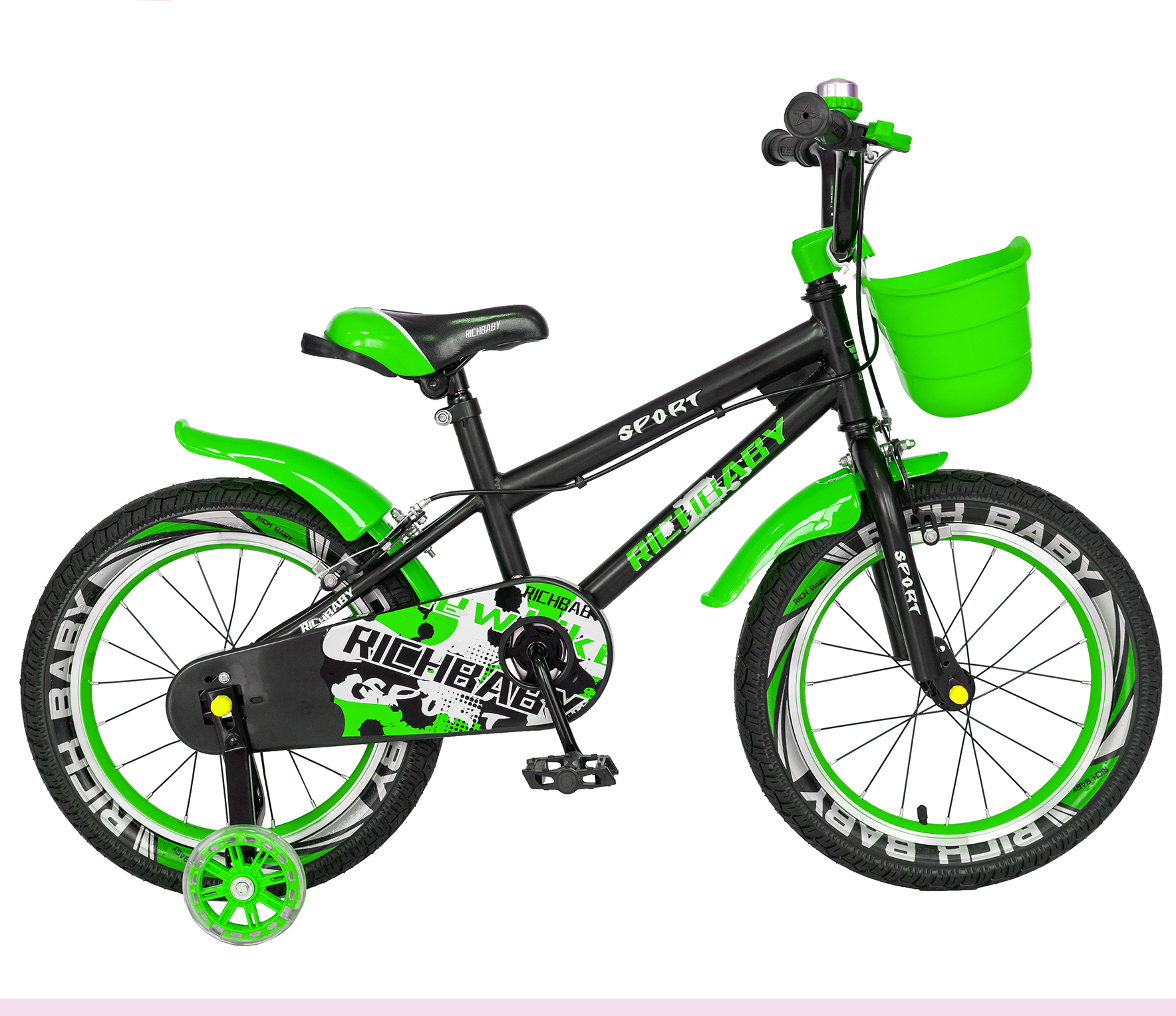 RICH BABY Bicicleta copii 4-6 ani, roti 16 inch, c-brake, roti ajutatoare cu led, rich baby r1603a, cadru negru cu design verde