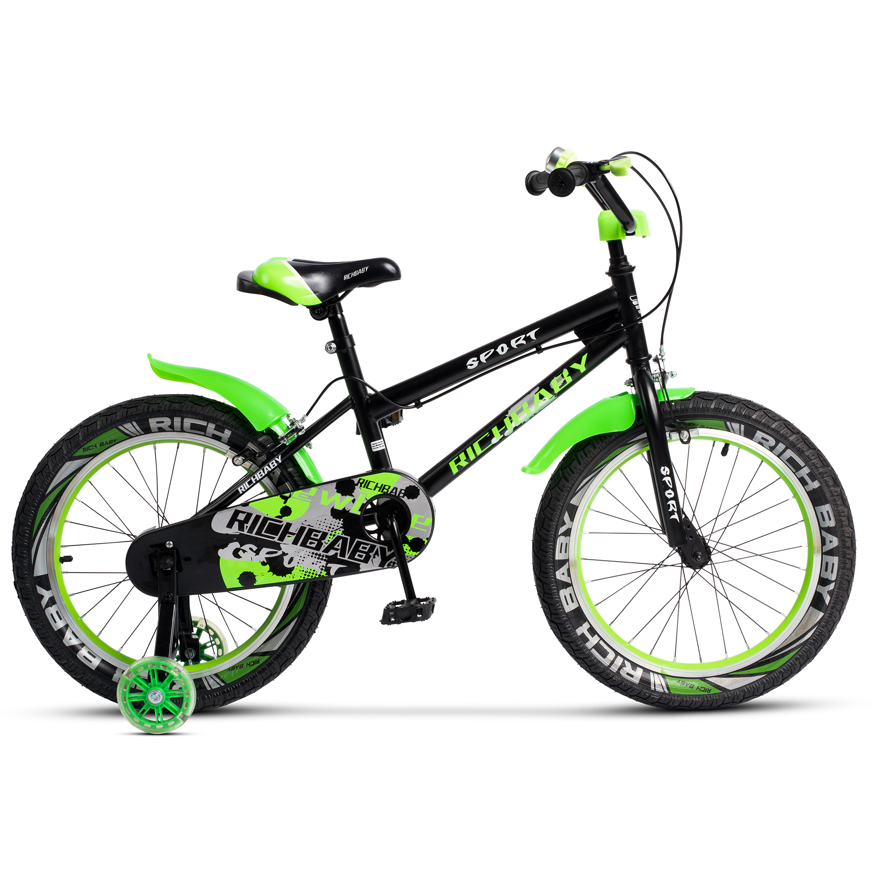 RICH BABY Bicicleta copii 5-7 ani, roti 18 inch, c-brake, roti ajutatoare cu led, rich baby r1803a, cadru negru cu design verde