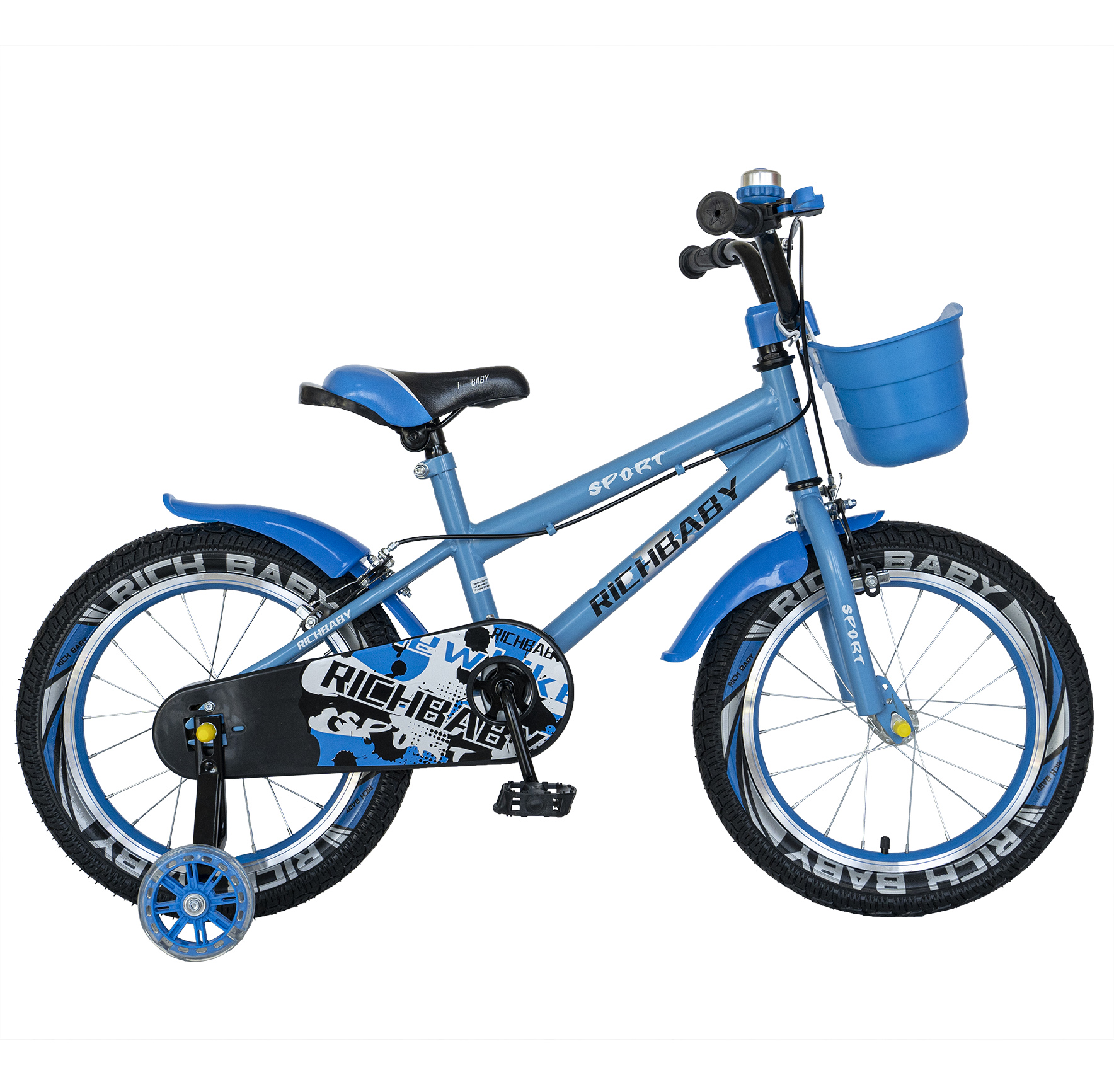 RICH BABY Bicicleta copii 5-7 ani, roti 18 inch, c-brake, roti ajutatoare cu led, rich baby r1803a, cadru albastru cu design