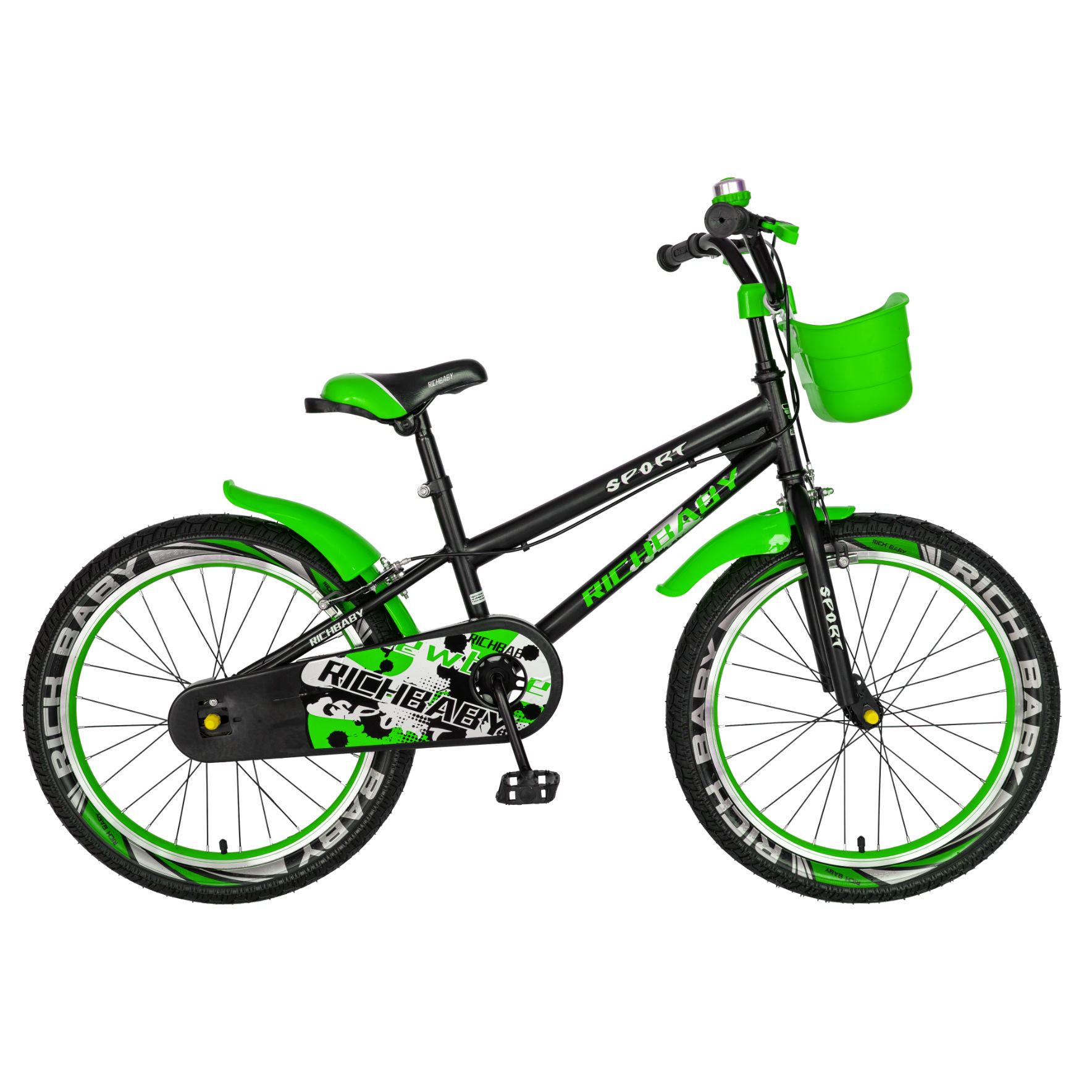 RICH BABY Bicicleta copii 7-10 ani, roti 20 inch, c-brake, rich baby r20/03a, cadru negru cu design verde - resigilata