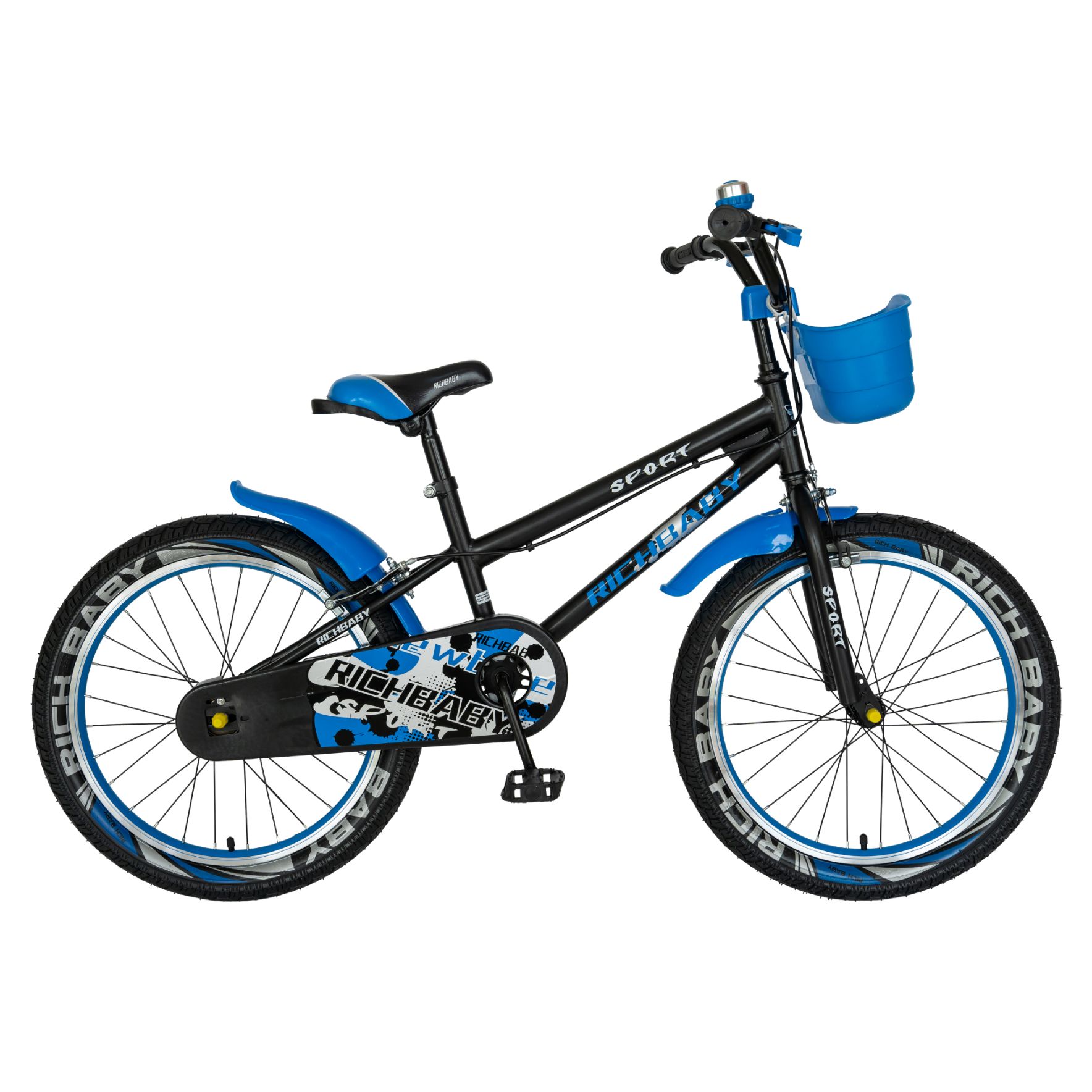 RICH BABY Bicicleta copii 7-10 ani, roti 20 inch, c-brake, rich baby r2003a, cadru negru cu design albastru