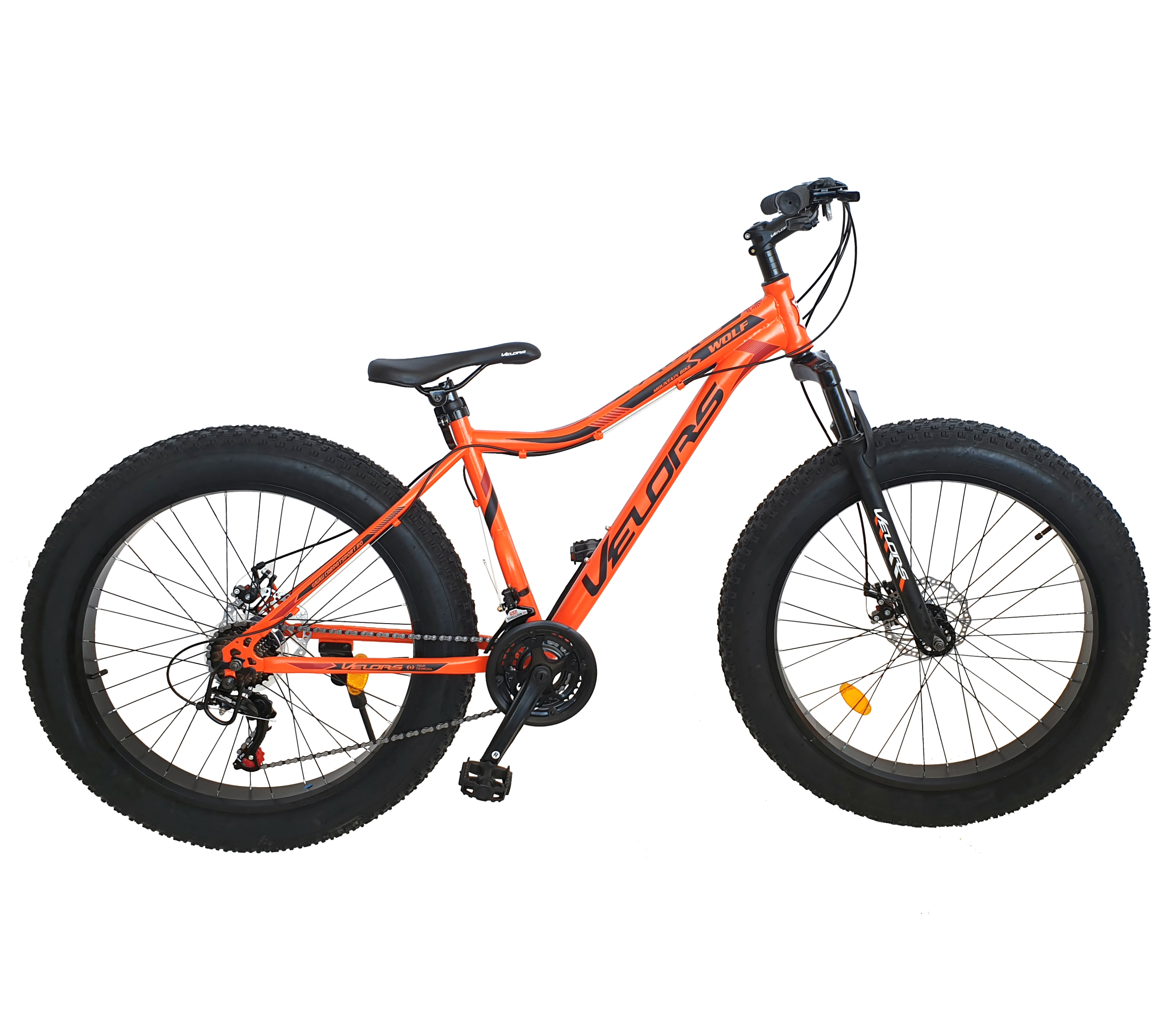 VELORS Bicicleta fat-bike wolf, shimano tourney 21 viteze, roti 26 inch, frane pe disc, velors v26/05d, cadru portocaliu cu negru
