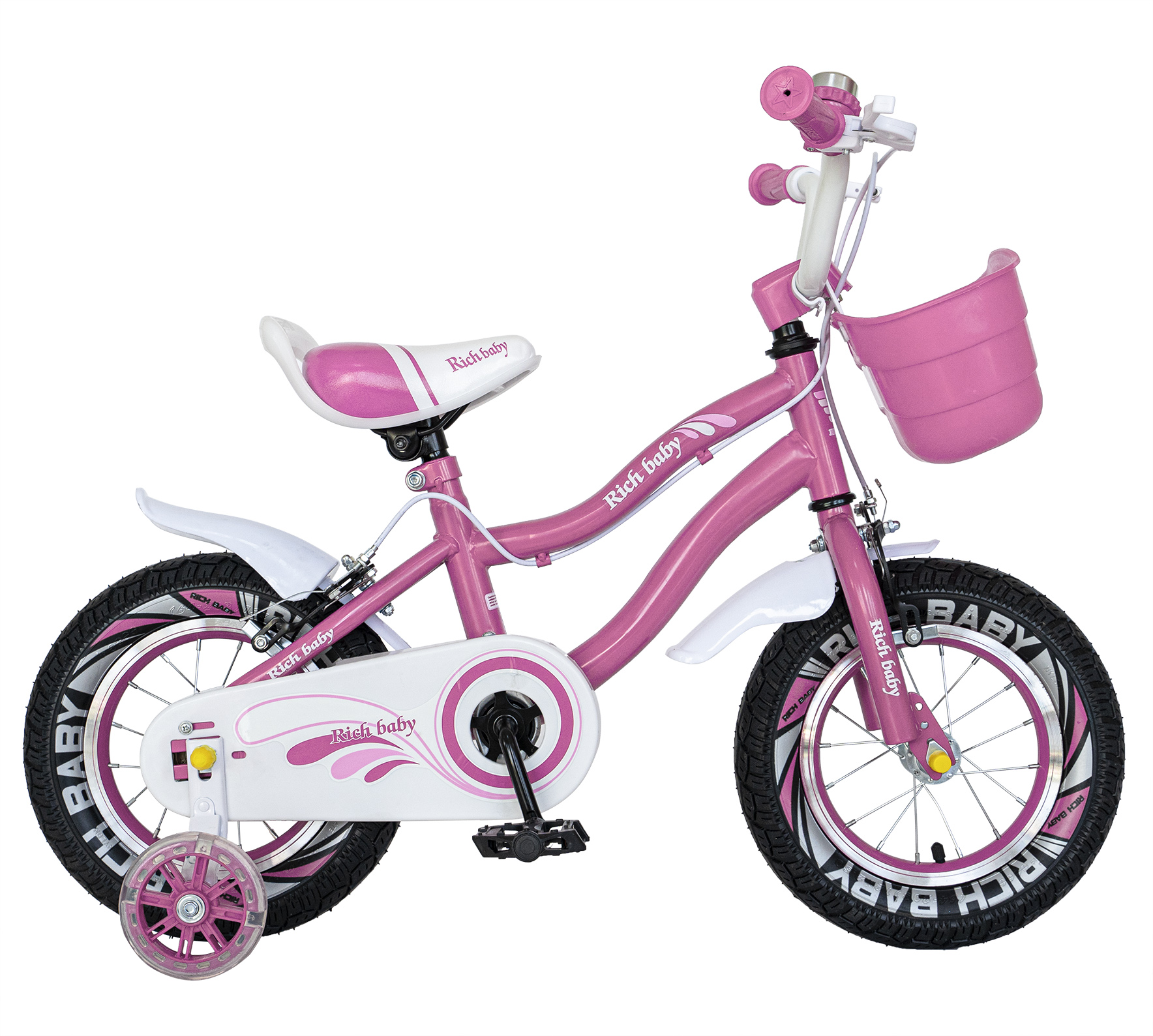 RICH BABY Bicicleta fete 2-4 ani, roti 12 inch, c-brake, roti ajutatoare cu led, rich baby r1204a, cadru roz cu design alb -