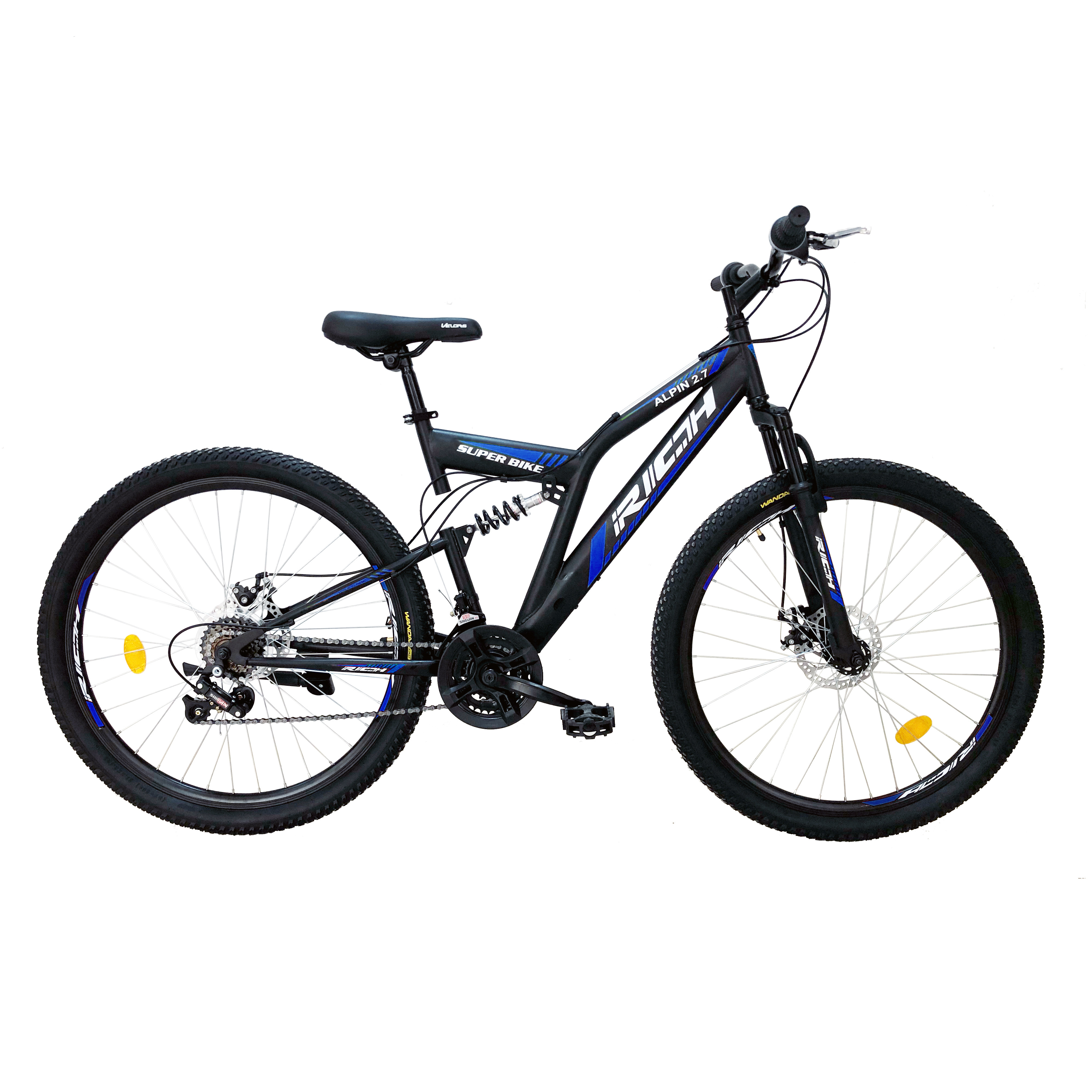 BICICLETE DE MUNTE - Bicicleta MTB-FS, Saiguan Revoshift 18 Viteze, Roti 27.5 Inch, Frane pe Disc, RICH R2750D, Cadru Negru cu Design Albastru, carpatsport.ro
