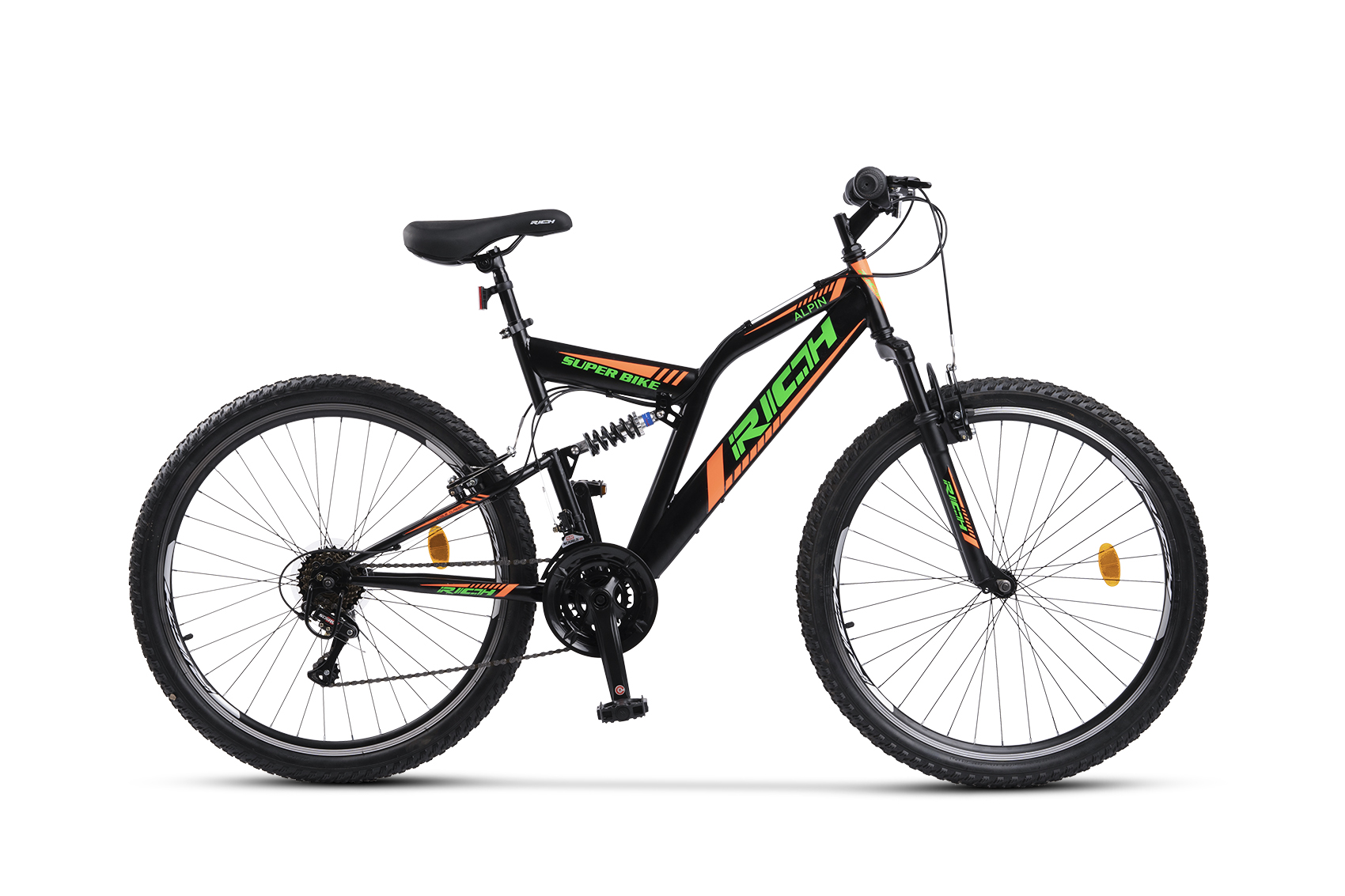 BICICLETE DE MUNTE - Bicicleta MTB-Full Suspension Rich R2649A, Sunrun 21 Viteze, Roti 26 Inch, Frane V-Brake, Negru/Verde/Portocaliu, https:carpatsport.ro