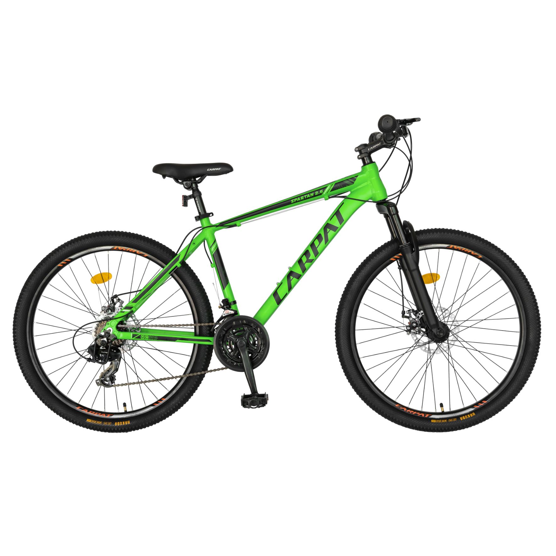 BICICLETE DE MUNTE - Bicicleta MTB-HT, 21 viteze, Roti 27.5 Inch, Cadru Aluminiu 6061, Frane pe Disc, Carpat C2758C, Verde cu Design Negru, https:carpatsport.ro