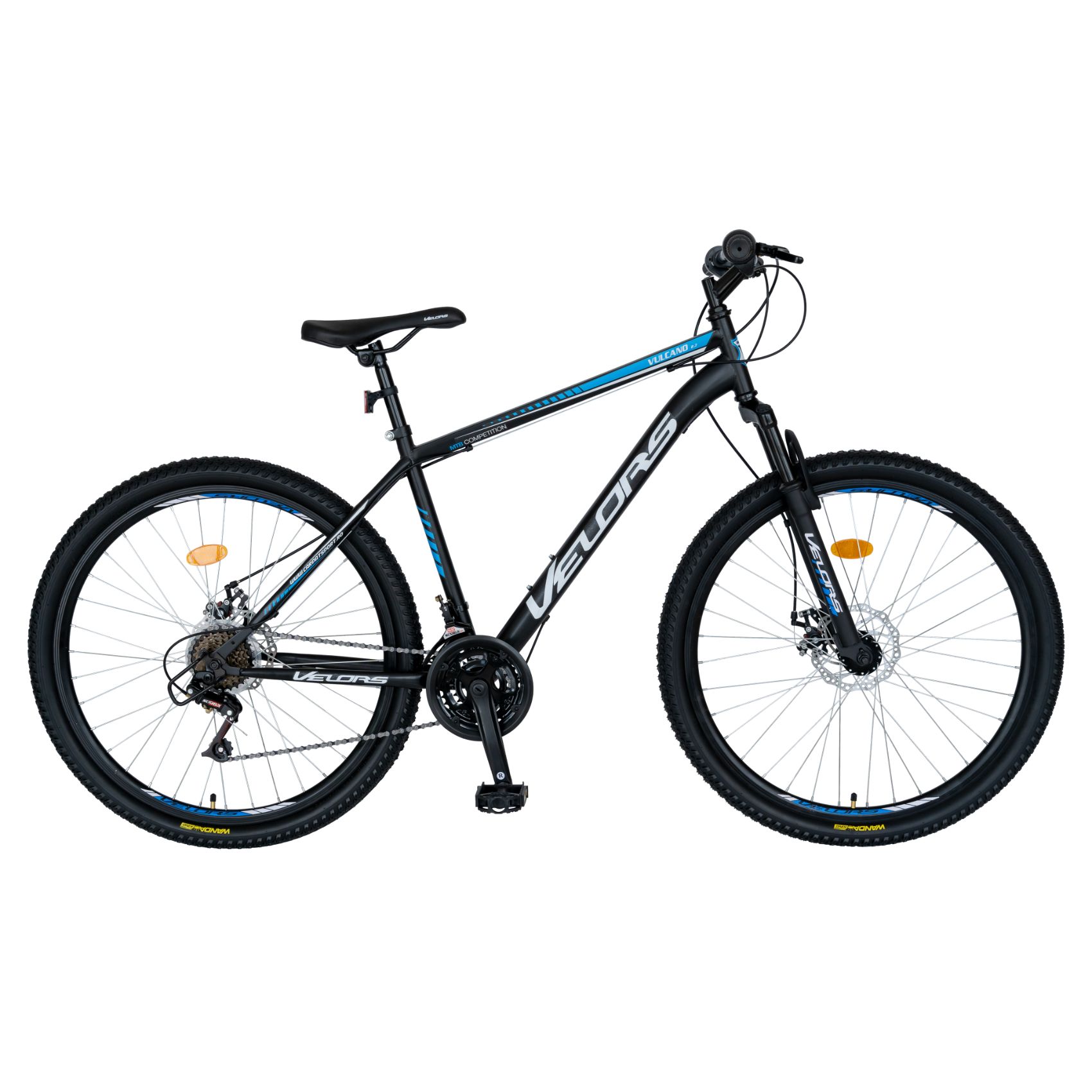 Bicicleta MTB-HT, Schimbator Saiguan, 18 Viteze, Roti 27.5 Inch, Frane pe Disc, Velors V2709A, Negru cu Design Albastru