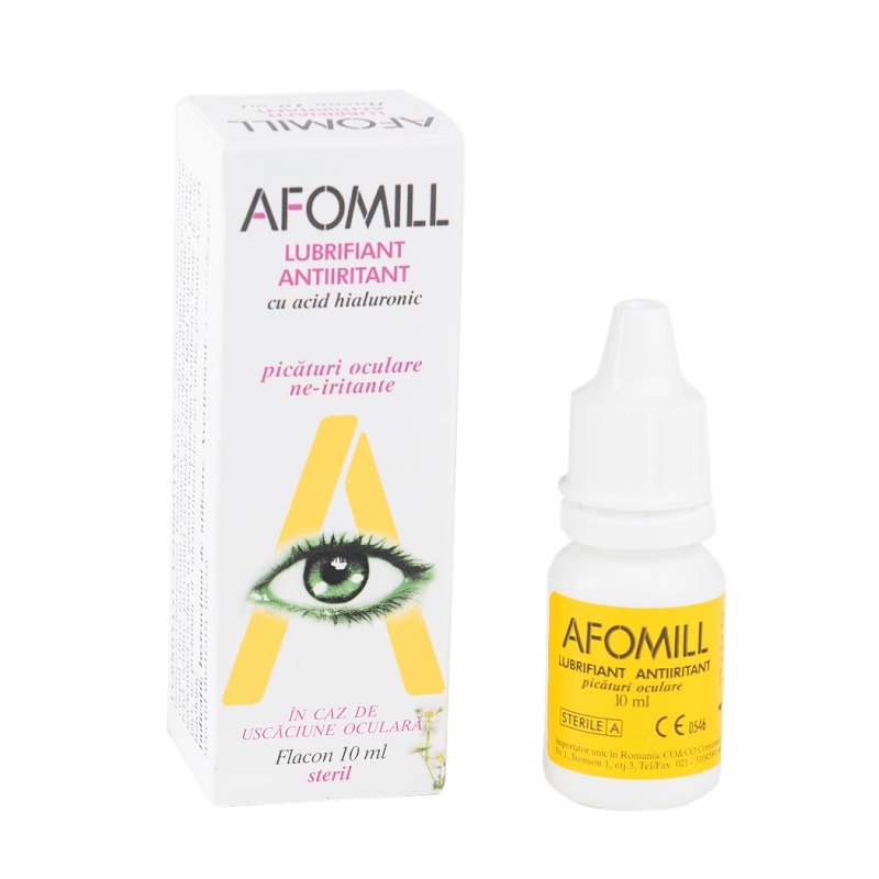 Pentru sanatatea ochilor - Picaturi oculare lubrifiante antiiritante cu acid hialuronic Afomill, 10 ml, Af United, nordpharm.ro