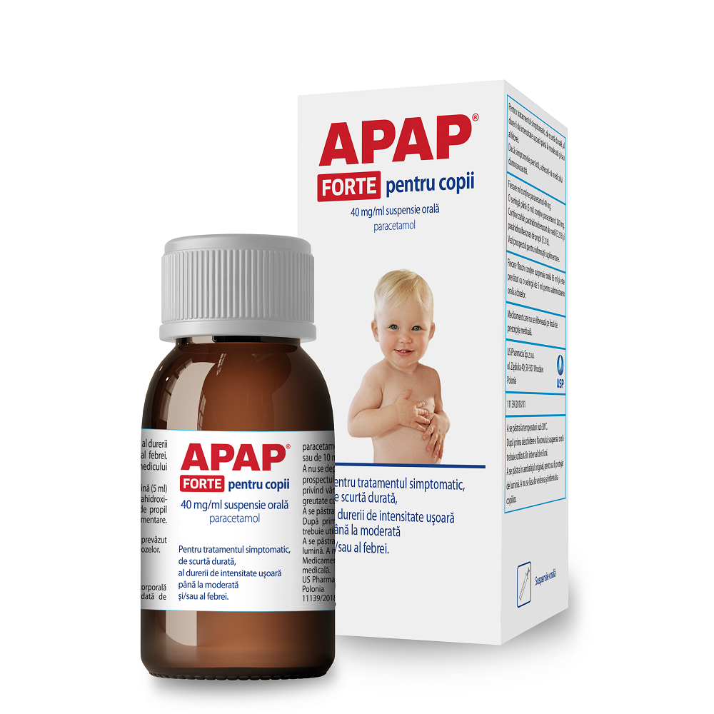Raceala si gripa copii - Apap Forte pentru copii, 40 mg/ml suspensie orală, 85 ml, USP, nordpharm.ro