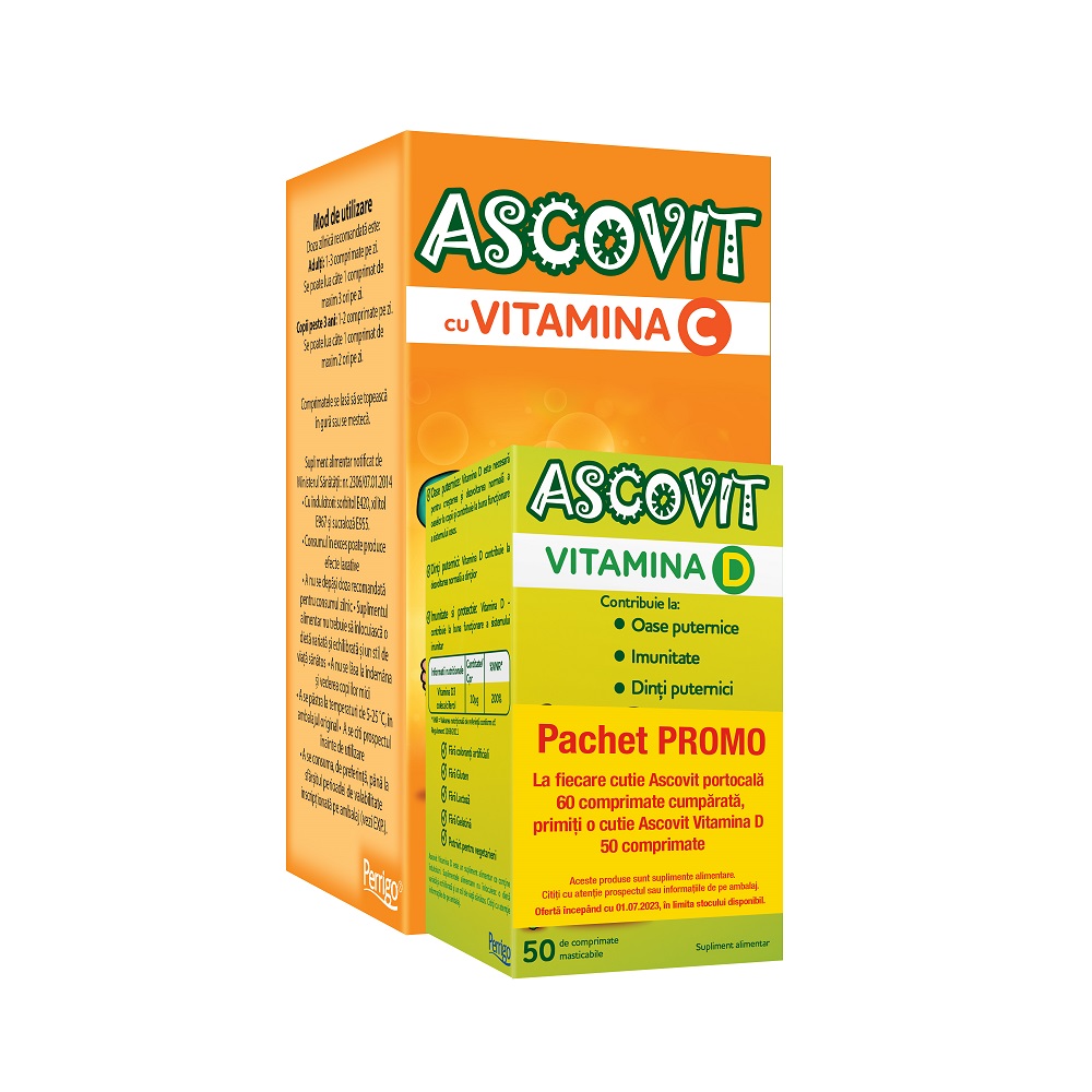 Copii - Ascovit cu Vitamina C aroma de portocala 60 comprimate + Ascovit Vitamina D 50 comprimate, Perrigo, nordpharm.ro