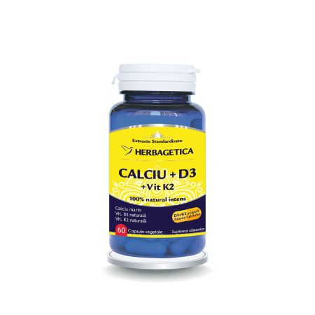 Vitamine si suplimente - Calciu + D3 + Vitamina K2, 60 capsule, Herbagetica , nordpharm.ro