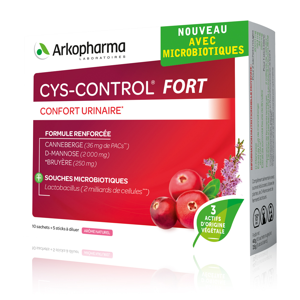 Sistemul genito-urinar - Cys-Control Fort, 10 plicuri + 5 batoane, Arkopharma, nordpharm.ro