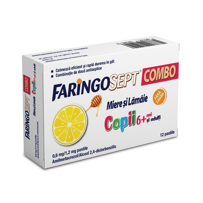 Raceala si gripa copii - Faringosept Combo Miere si Lamaie, copii 6+ si adulti, 0,6 mg/1,2 mg, 12 pastile, Terapia, nordpharm.ro