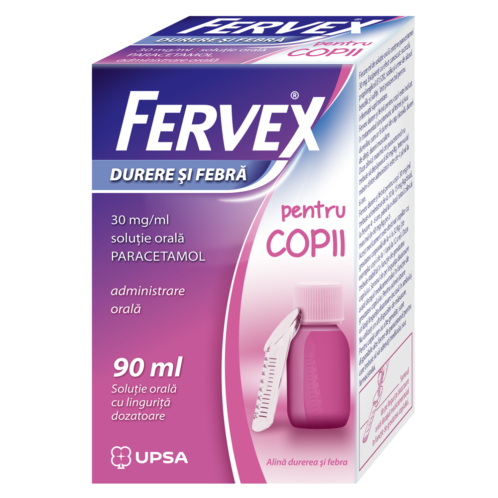 Raceala si gripa copii - Fervex Durere si Febra pentru copii, 30 mg/ml solutie orala, 90 ml, Upsa, nordpharm.ro