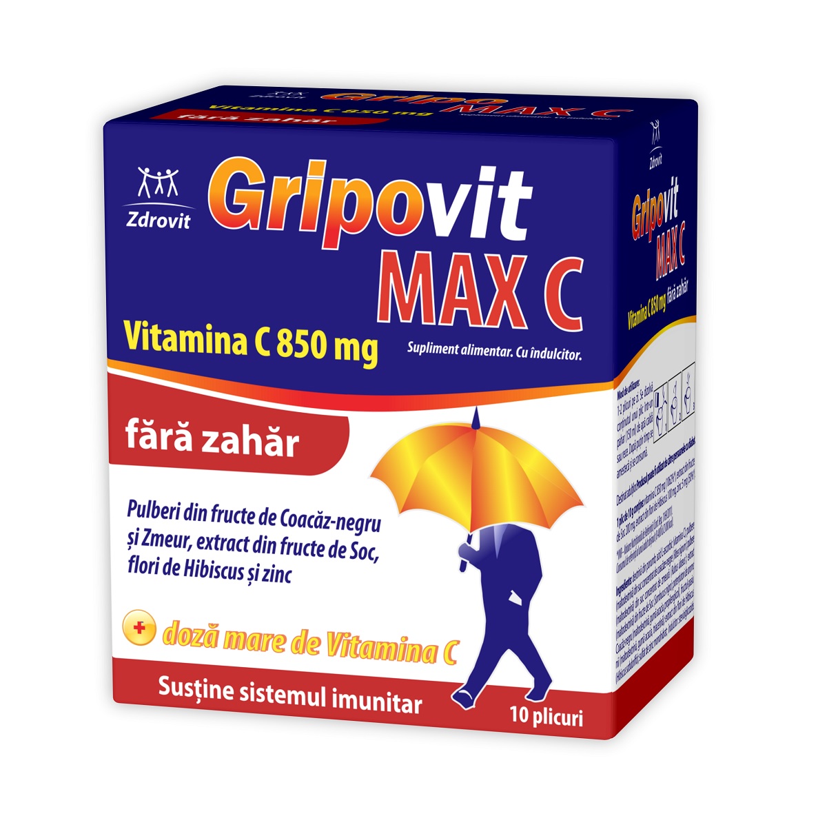 Imunitate - Gripovit Max C fara zahar, 10 plicuri, Zdrovit, nordpharm.ro