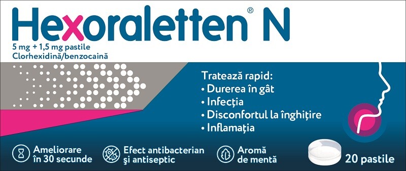 Raceala si gripa - Hexoraletten N, 5 mg+1,5 mg, 20 pastile, Johnson&Johnson, nordpharm.ro