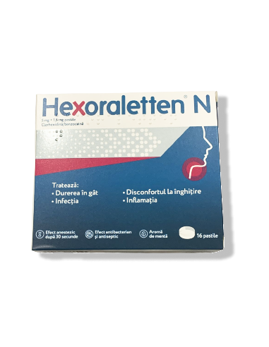 Raceala si gripa - Hexoraletten N 5mg +1,5 mg, 16 comprimate,Johnson&Johnson, nordpharm.ro