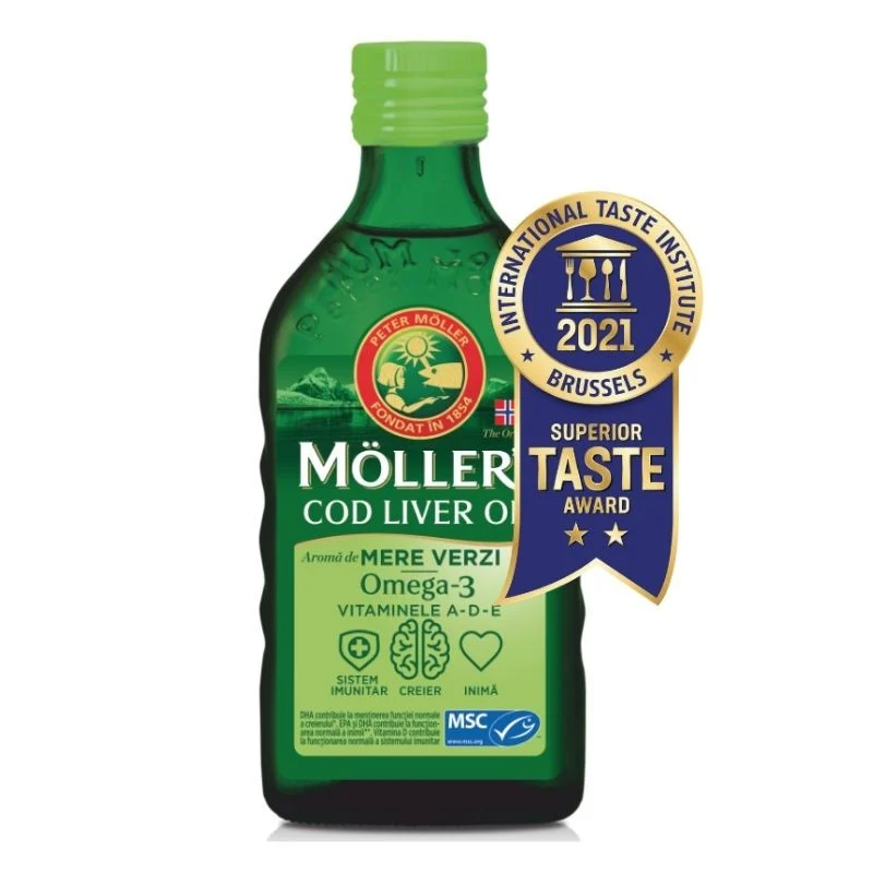 Suplimente pentru copii - Ulei din ficat de cod Omega 3, Vitamina A-D-E, aroma mere verzi, 250 ml, Moller's, nordpharm.ro