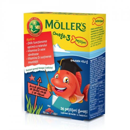 Suplimente pentru copii - Pestisori gumati cu Omega-3 aroma capsuni, 36 jeleuri, Moller's, nordpharm.ro