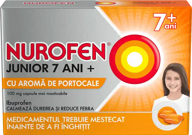 Raceala si gripa copii - Nurofen Junior cu aroma de portocale 7+ ani, 100 mg, 24 capsule moi masticabile, Reckitt Benckiser
, nordpharm.ro