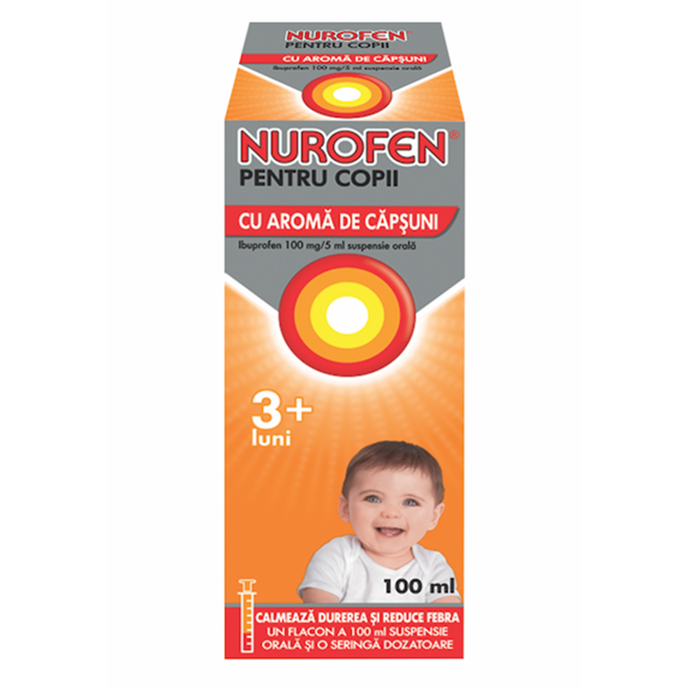 Analgezice, antiinflamatoare, antipiretice - Nurofen sirop cu aroma de capsuni pentru copii 3+ luni, 100 mg/5 ml, 100 ml, Reckitt Benckiser, nordpharm.ro