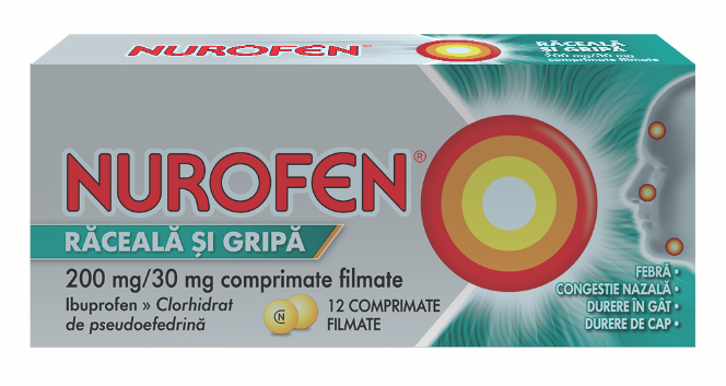 Raceala si gripa - Nurofen raceala si gripa, 200 mg/30 mg, 12 comprimate filmate, Reckitt Benckiser, nordpharm.ro