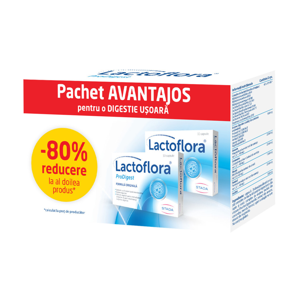 Enzime digestive - Pachet Lactoflora Prodigest, 2 x 10 capsule, Stada, nordpharm.ro