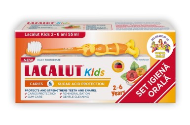 Igiena orala - Pasta de dinti 2-6 ani protectie anticarie si zaharuri + periuta cadou Lacalut, 55 ml, Zdrovit, nordpharm.ro