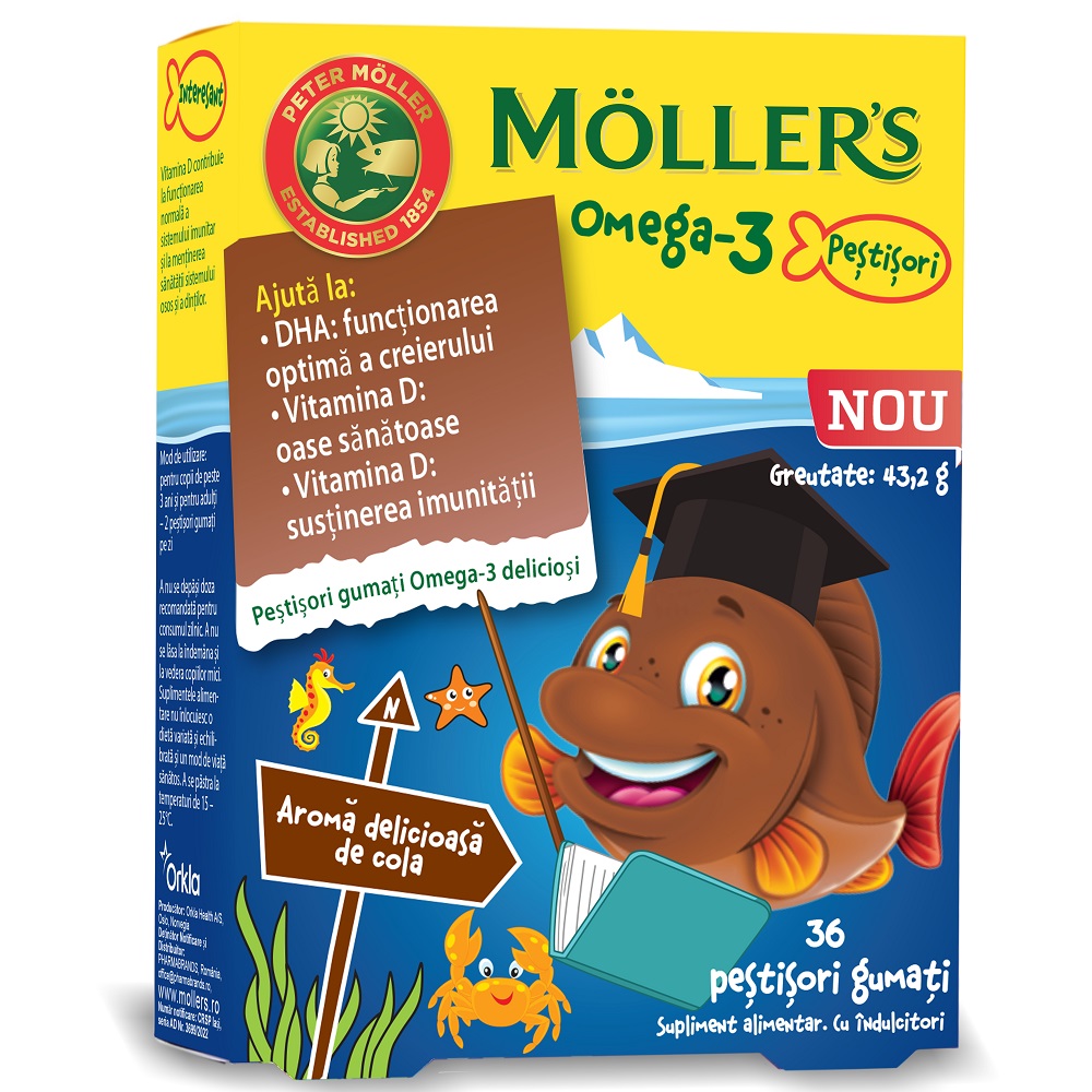 Suplimente pentru copii - Pestisori gumati cu Omega-3 si aroma cola, 36 jeleuri, Moller's, nordpharm.ro