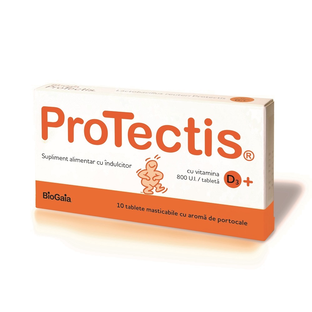 Probiotice si prebiotice - Protectis cu vitamina D3 800 UI cu aroma de portocale, 10 tablete masticabile, BioGaia, nordpharm.ro