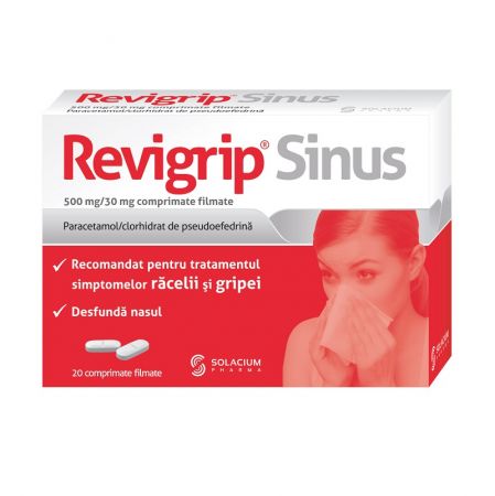Raceala si gripa - Revigrip Sinus, 500 mg/30 mg, 20 comprimate filmate, Solacium Pharma , nordpharm.ro