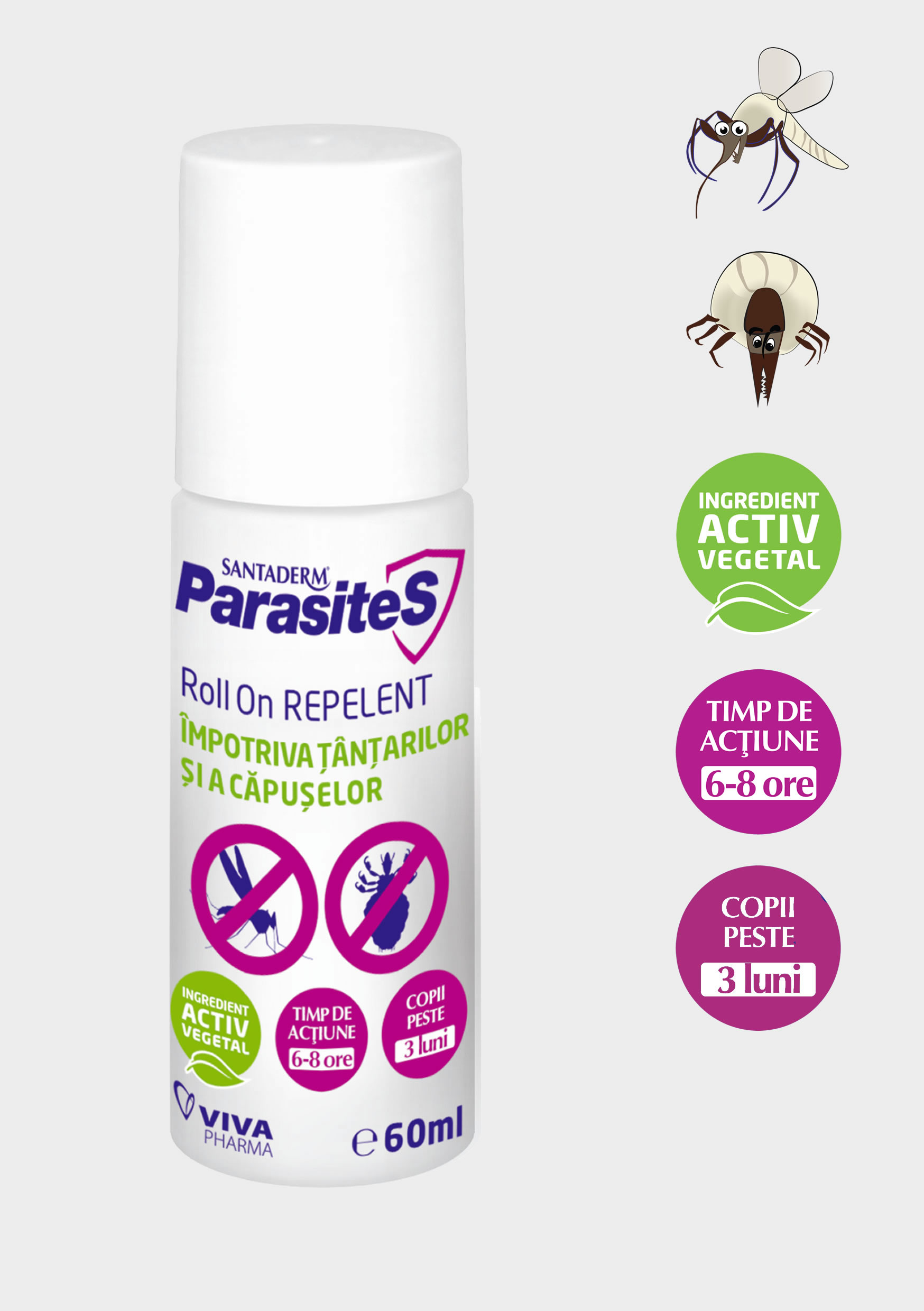Protectie insecte si paraziti - Roll-on repelent impotriva tantarilor si capuselor Parasites Santaderm, 60 ml, Viva Pharma
, nordpharm.ro