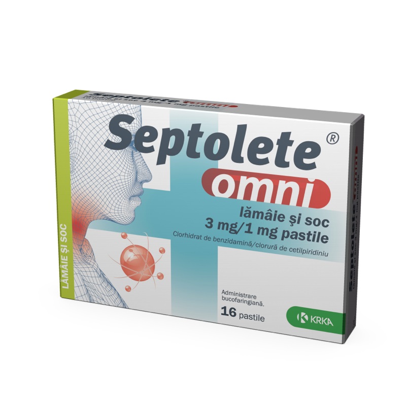 Raceala si gripa - Septolete omni lamaie si soc, 3 mg/1 mg, 16 pastile, Krka, nordpharm.ro