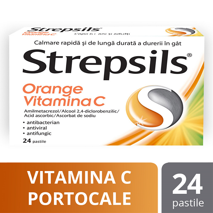 Raceala si gripa - Strepsils Orange Vitamina C, 24 pastile, Reckitt Benckiser Healthcare, nordpharm.ro