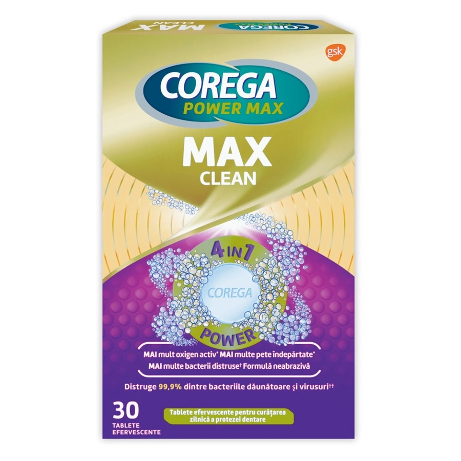 Igiena orala - Tablete efervescente Corega Max Clean, 30 tablete, Gsk, nordpharm.ro