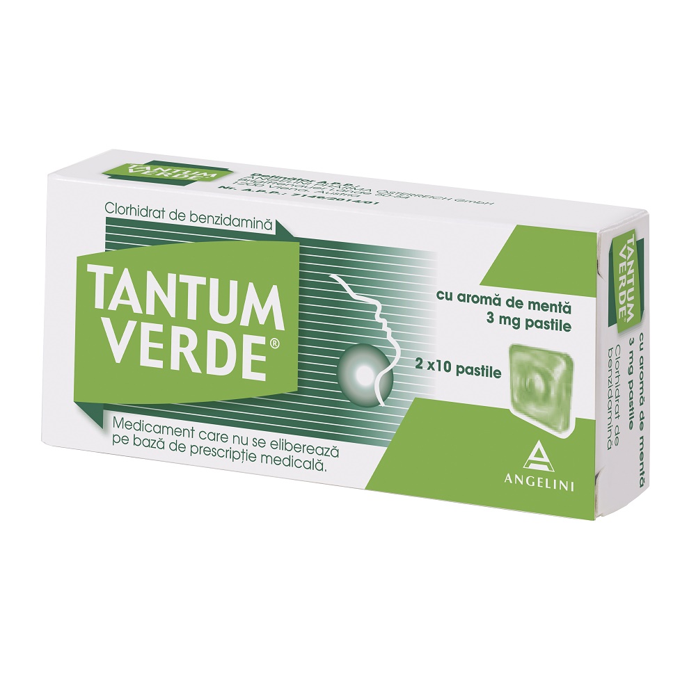 Raceala si gripa - Tantum Verde cu aroma de menta, 3 mg, 20 pastile, Angelini, nordpharm.ro