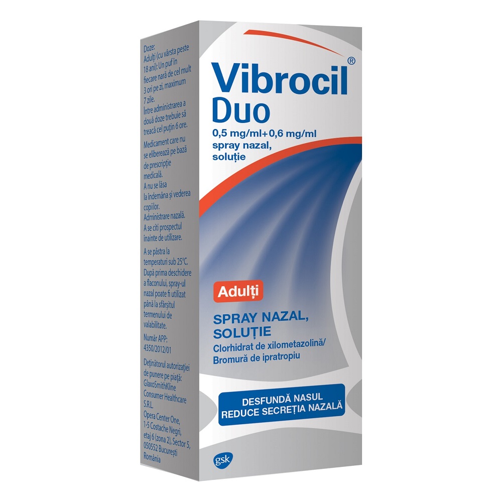 Raceala si gripa - Vibrocil Duo spray nazal solutie, 0,5 mg/ml + 0,6 mg/ml, 10 ml, Gsk, nordpharm.ro