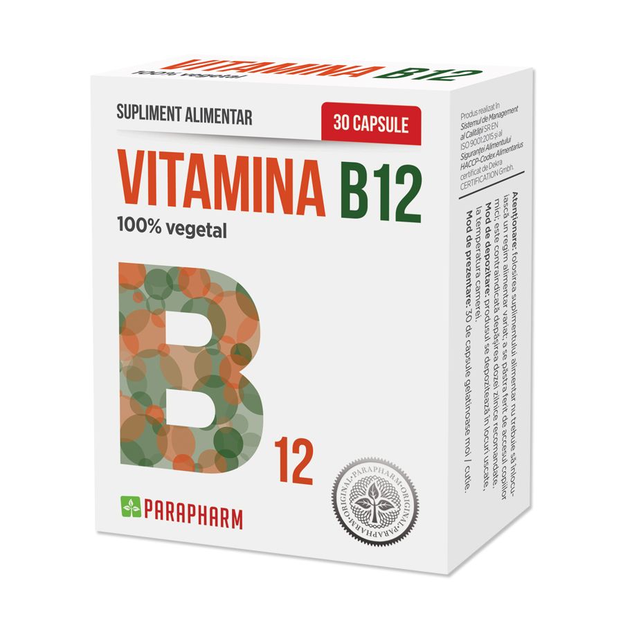 Vitamine si suplimente - Vitamina B12, 30 capsule, Parapharm, nordpharm.ro