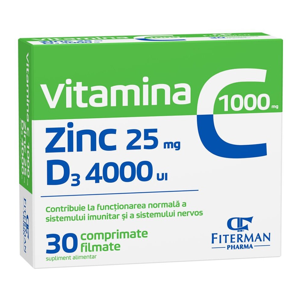 Vitamine si minerale - Vitamina C 1000+Zinc 25+D3 4000 cutie,30 comprimate filmate, Fiterman
, nordpharm.ro