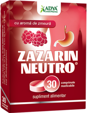 Sistemul digestiv - Zazarin Neutro cu aroma de zmeura, 30 comprimate masticabile, Adya Green Pharma, nordpharm.ro