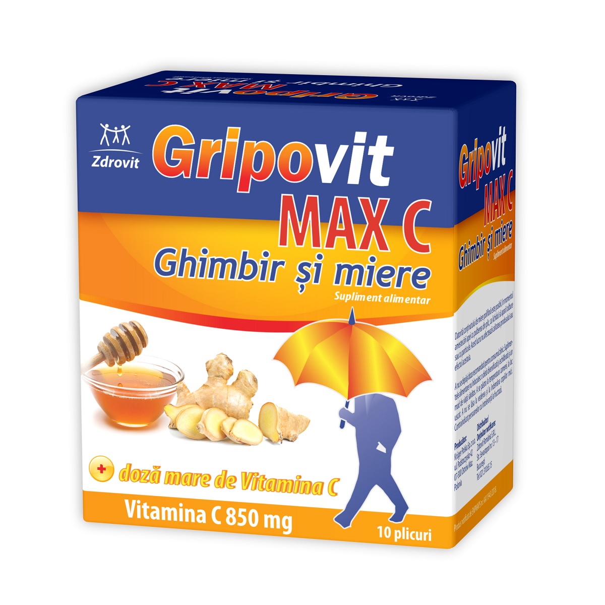 Imunitate - Gripovit Max C ghimbir si miere, 10 plicuri, Zdrovit, nordpharm.ro