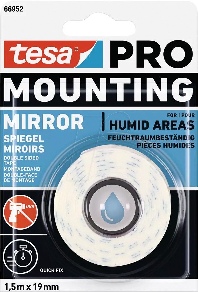 Banda dublu adeziva pentru oglinzi, Tesa TS 66952 Mounting Pro Mirror, dimensiuni 1.5 m x 19 mm, culoare alba