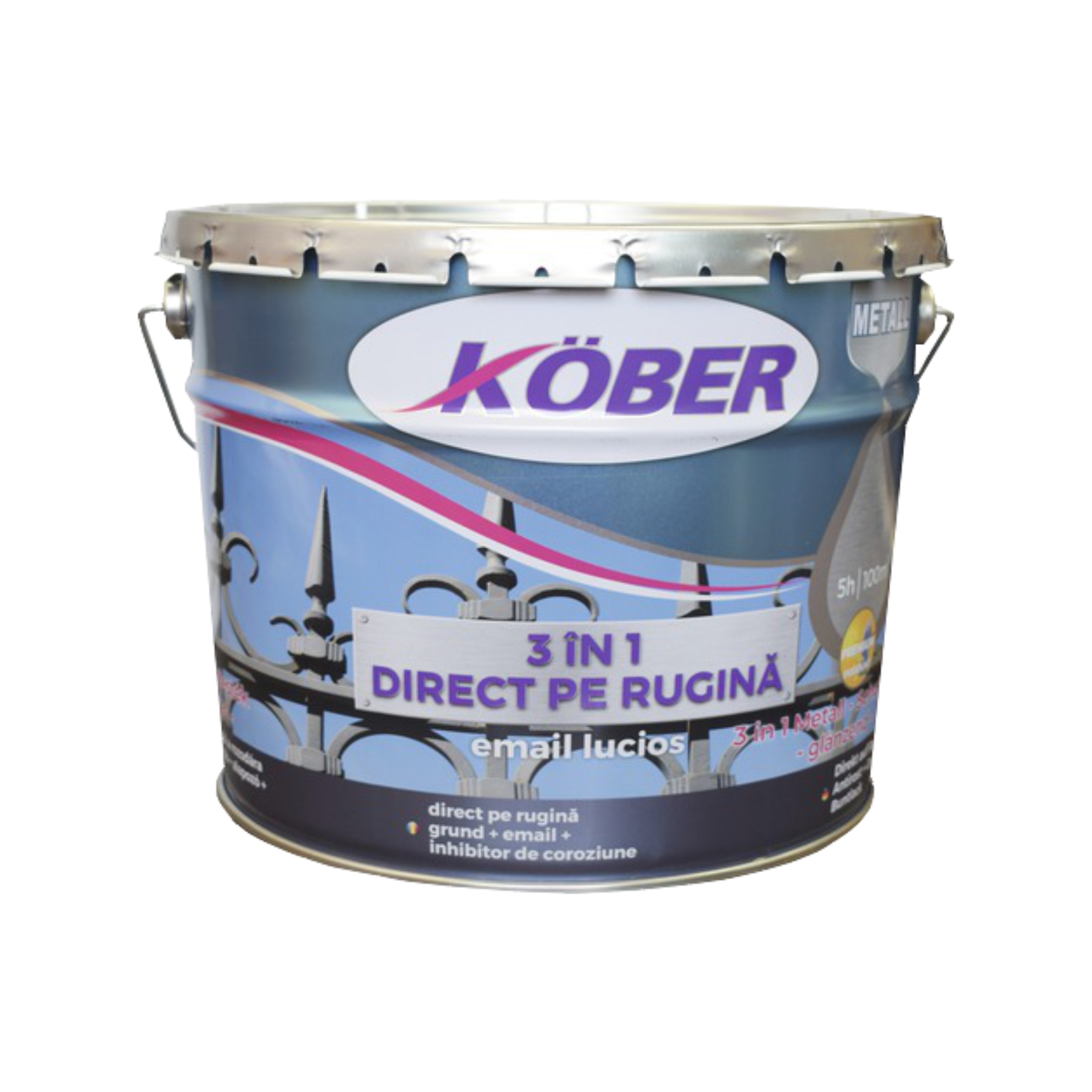 Email alchidic anticoroziv, lucios, Kober antirugina 3in1, ambalare 10 L, culoare negru