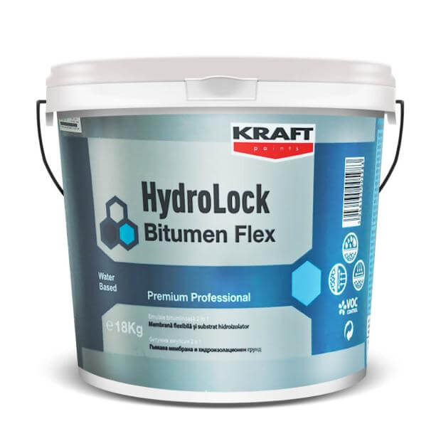 Emulsie bituminoasă pe bază de apă 2 în 1 - membrană flexibilă și substrat hidroizolator, Kraft Hydrolock bitumen flex, ambalare 18 kg