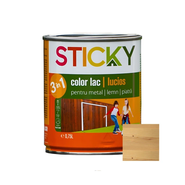 Lac alchidic pentru lemn, metal sau piatra Sticky, interior - exterior, 0.75 L culoare incolor