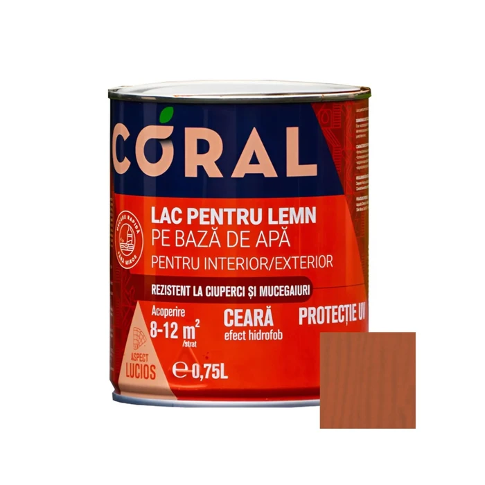 Lac pentru lemn, Coral, pe baza de apa, interior - exterior, 0.75 L culoare alun