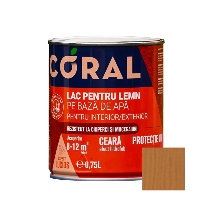 Lac pentru lemn, Coral, pe baza de apa, interior - exterior, 0.75 L culoare castan