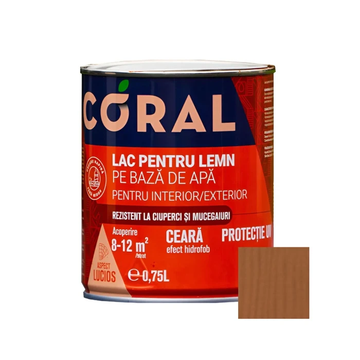 Lac pentru lemn, Coral, pe baza de apa, interior - exterior, 0.75 L culoare mahon